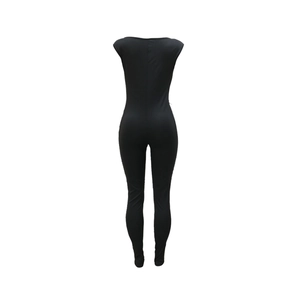 Detail of a sleek black sleeveless jumpsuit with vertical back seam and invisible zipper