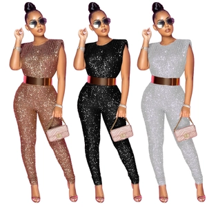 Three-color comparison of sequined sleeveless jumpsuits with padded shoulders and round neck