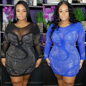 Robe Mini Moulante Sexy à Manches Longues en Maille avec Strass pour Femmes Grandes Tailles Soirée Robe Courte