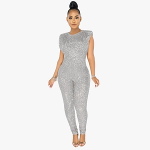 Sleeveless silver sequin jumpsuit for women featuring a slim fit and metallic shine