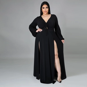 Detail view of the side slit and ruched drawstring design on this plus size V-neck dress