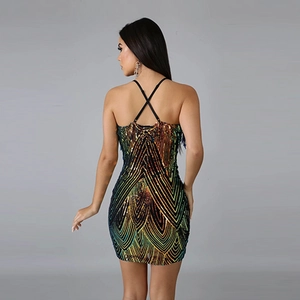 Detail of colorful V-pattern sequins on cross-back bodycon dress with metallic finish