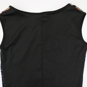 Close-up of black sleeveless jumpsuit with vibrant rainbow sequins and round neckline