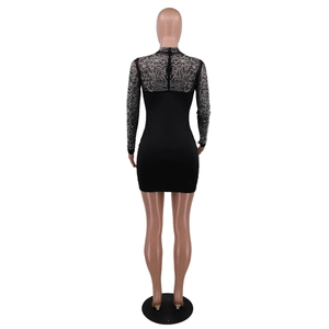 Detail of black mini dress featuring a back zipper and silver rhinestones on sheer mesh