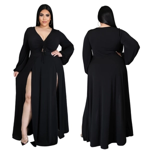 Close-up of black V-neck maxi dress featuring drawstring chest detail and side slits