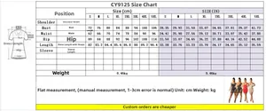 Detailed size chart for sexy mini dress showing bust, waist and hip measurements in cm and inch
