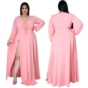 Detail of pink V-neck plus size dress with drawstring chest and high side slit