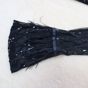 Detail of black mesh sleeve featuring wavy sequins and delicate feather trim accents