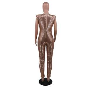 Detail of rose gold sequin sleeveless jumpsuit with back zipper on mannequin
