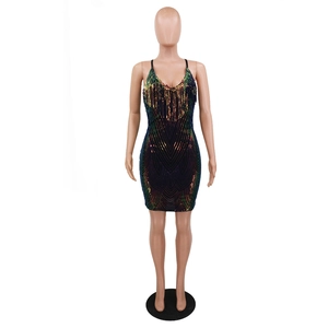 Detailed view of sequined tassel dress with deep V-neck and radiant geometric patterns