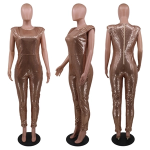 Three views of a rose gold sequined sleeveless jumpsuit for formal evening parties