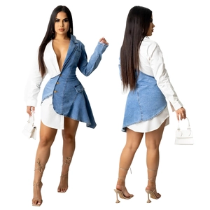 Women Denim Patchwork Shirt Dress Asymmetrical Lapel Long Sleeve Button Waist Cinching Casual Fashion Irregular Mini Dress