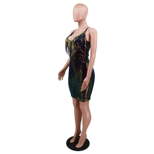 Close-up of multicolored sequins and shimmering fringe details on a party dress