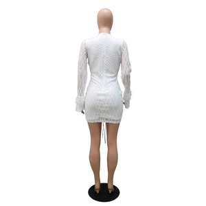 Detail of white long sleeve mini dress featuring sequin embroidery and feather cuffs