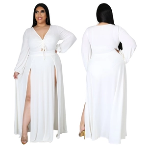 Front and back view of white V-neck plus size maxi dress with side slits and waist tie