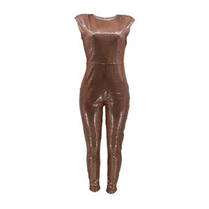 Detail of rose gold sequin sleeveless jumpsuit with structured shoulder pads