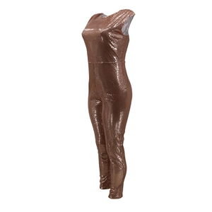 Detailed side view of rose gold sequin sleeveless jumpsuit with slim fit and round neck