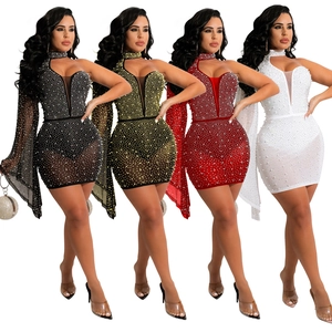 Women Sexy Asymmetric Single Bell Sleeve Rhinestone Mini Dress Halter Bodycon Artificial Pearl Mesh Patchwork Club Party Evening Dress