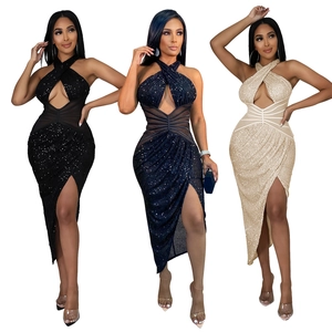 Sleeveless sequined evening dress with cross halter neck and high slit in three colors