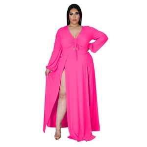 Detail of the sexy deep V-neckline and drawstring ruched design on this rose pink dress