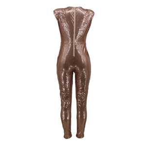 Detail of rose gold sequin jumpsuit featuring a back zipper and shimmering metallic finish