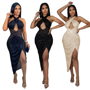 Three sequined evening gowns in navy, black, and champagne with cutout necklines