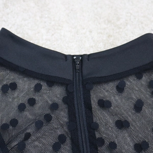 Close-up of black mesh dress featuring velvet polka dots and a hidden back zipper detail