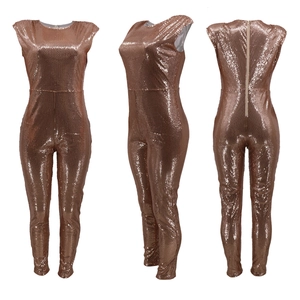 Three-way view of rose gold sequin jumpsuit featuring back metal zipper detail