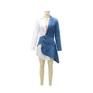Detailed view of asymmetric denim patchwork dress with white shirt collar and metal buttons