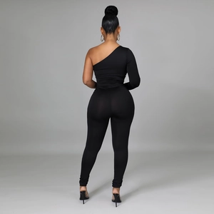 Women's black one-shoulder jumpsuit with slimming fit and elegant back view pose