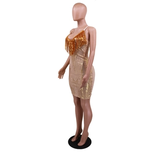 Detail of gold sequin dress with fringe tassels and geometric wave pattern for party wear