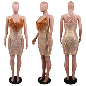 Detail of gold sequin mini dress featuring fringe tassels and cross back straps