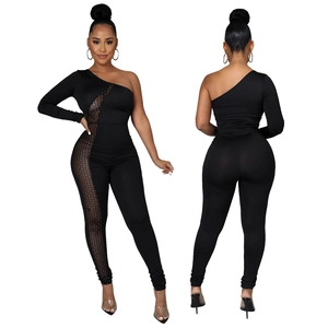 Women's black one-shoulder jumpsuit with sheer mesh panels and sparkling rhinestones