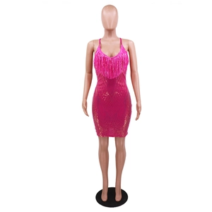 Detail of hot pink sequin tassel dress with V-shaped sequins and slim fit design