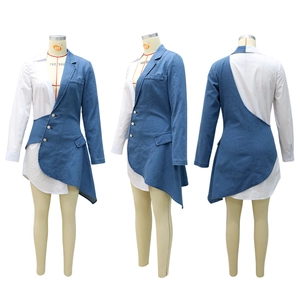 Denim patchwork blazer dress with deep V-neck and asymmetric hem in 3-angle view