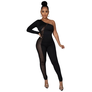 Sleek black one-shoulder bodycon jumpsuit featuring chic mesh cutouts and sparkling rhinestones