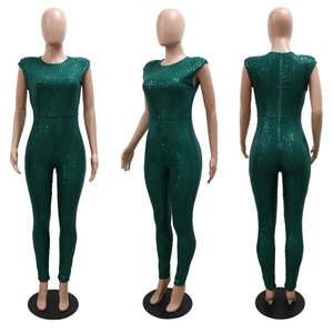 Detailed views of a green sequined sleeveless bodysuit with slim fit and back zipper