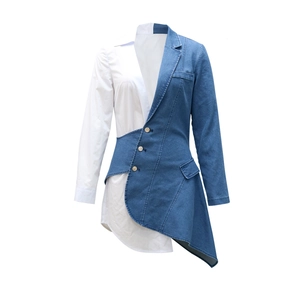 Detail of deconstructed denim patchwork dress with metal buttons and shirt sleeves