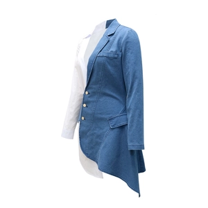 Detail view of denim and white shirt hybrid jacket with gold buttons and asymmetric hem