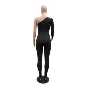 Back view of a black one-shoulder jumpsuit with asymmetric long sleeve and slim fit
