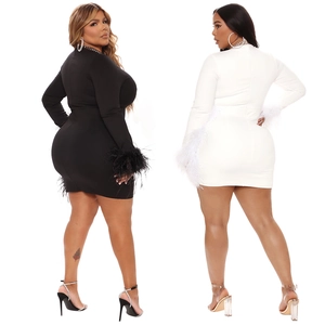 Plus Size Long Sleeve Feather Trim Mini Dress Elegant Rhinestone V-Neck Mesh Patchwork Slim Fit Party Bodycon Dress For Women