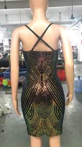 Close-up of the cross-back straps and shimmering rainbow sequins on this party dress