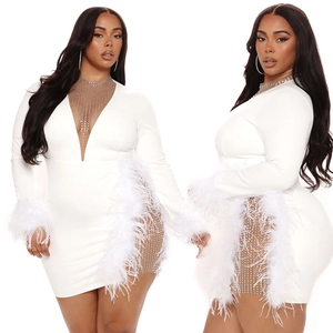 White long sleeve mini dress with sparkling rhinestones and white feather trim