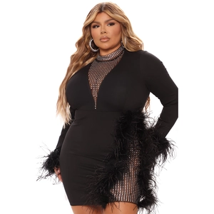 Elegant black long sleeve dress with rhinestones, mesh neckline, and ostrich feather trim