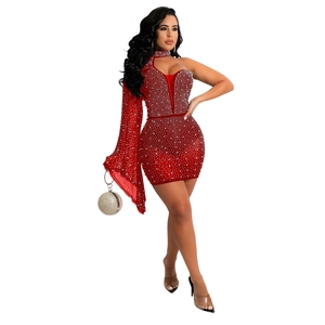 Sexy red bodycon mini dress with white rhinestones, one-shoulder long flare sleeve design