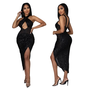Elegant black sequined dress with cross-halter neck, cutout waist and side slit detail