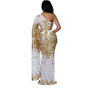Detailed back view of white sheer evening gown with gold sequin floral embroidery