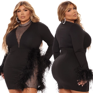 Black plus size bodycon dress with sparkling rhinestones and elegant feather trim detail