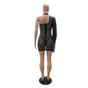 Detail of the back zipper and rhinestone embellishments on a black mesh party dress