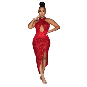 Elegant red sequin party dress with a crisscross neck and high side slit design